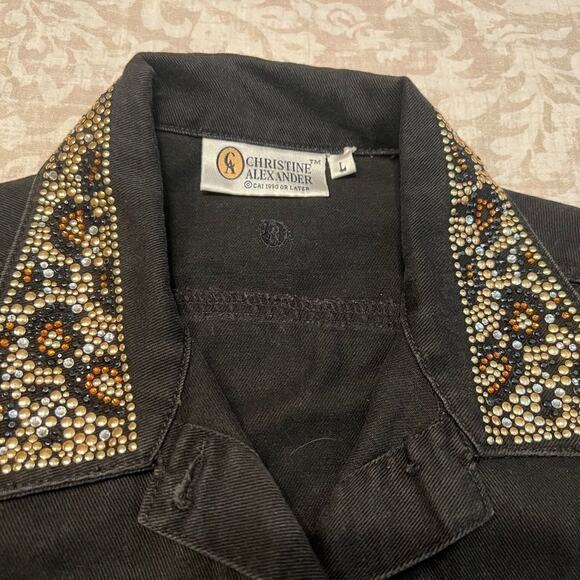 Christine Alexander jacket black denim gold & brown beading & crystals  Sz L - Picture 6 of 14